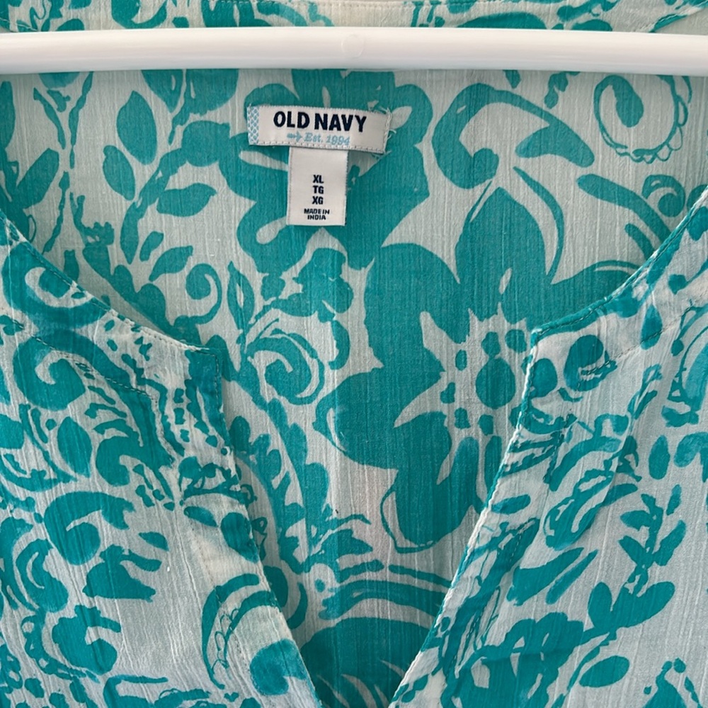Old Navy Tunic Blouse Shirt Teal White Floral XL - Picture 2 of 5